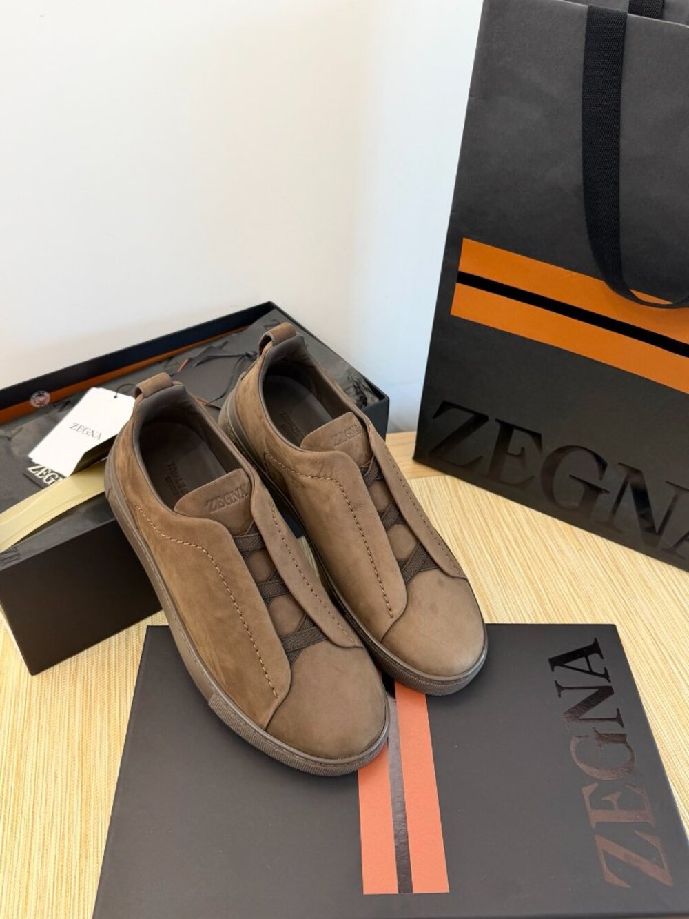ZEGNA Triple Stitch Suede Leather Slip On Sneakers Dark Brown